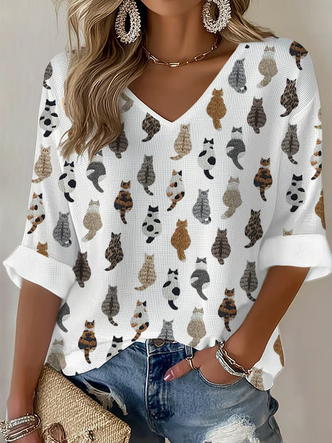 Women'S Cat Printed Waffle T-Shirt