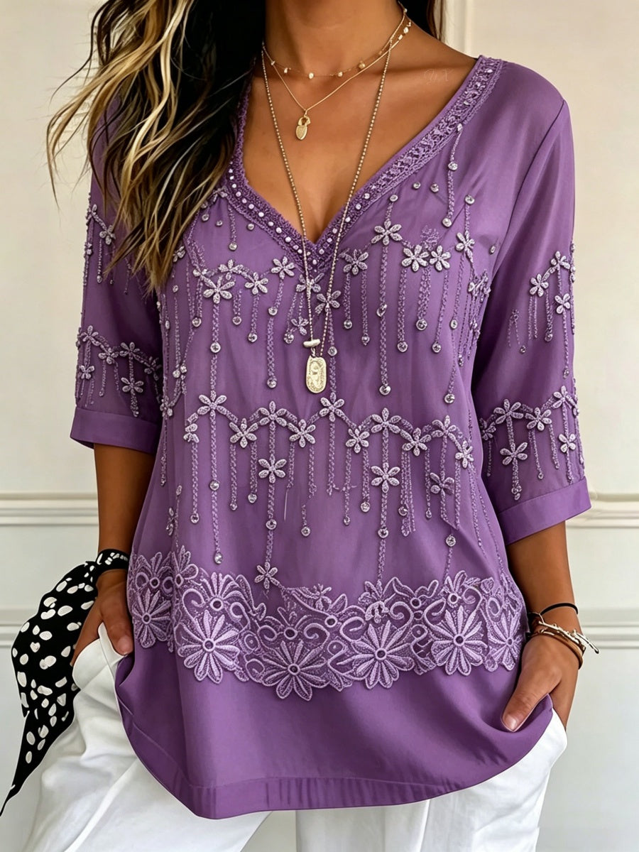 Women'S Casual Tassel and Rhinestone Floral Design Long Sleeve V-Neck Top