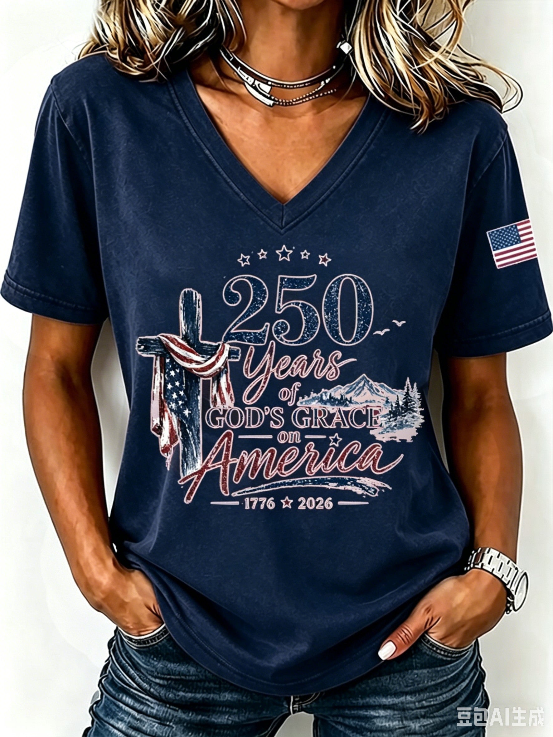 Women'S American Flag Cross Printed Casual V-Neck T-Shirt