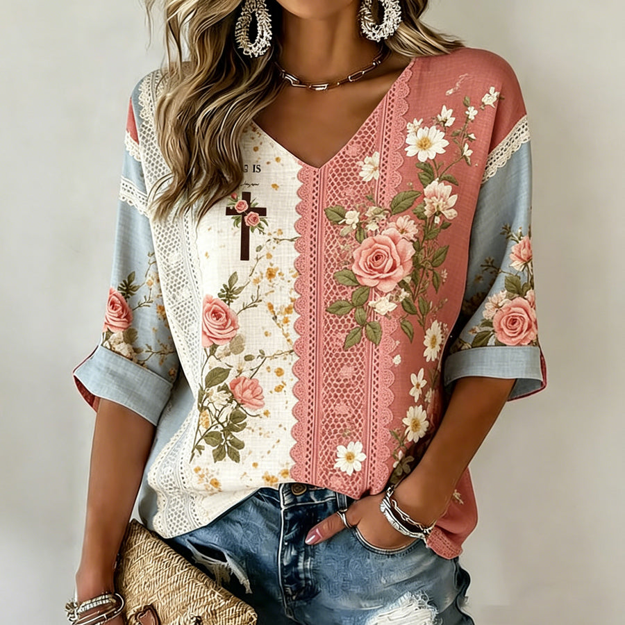 Women'S Casual Floral Cross Print V-Neck T-Shirt