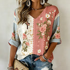 Women'S Casual Floral Cross Print V-Neck T-Shirt