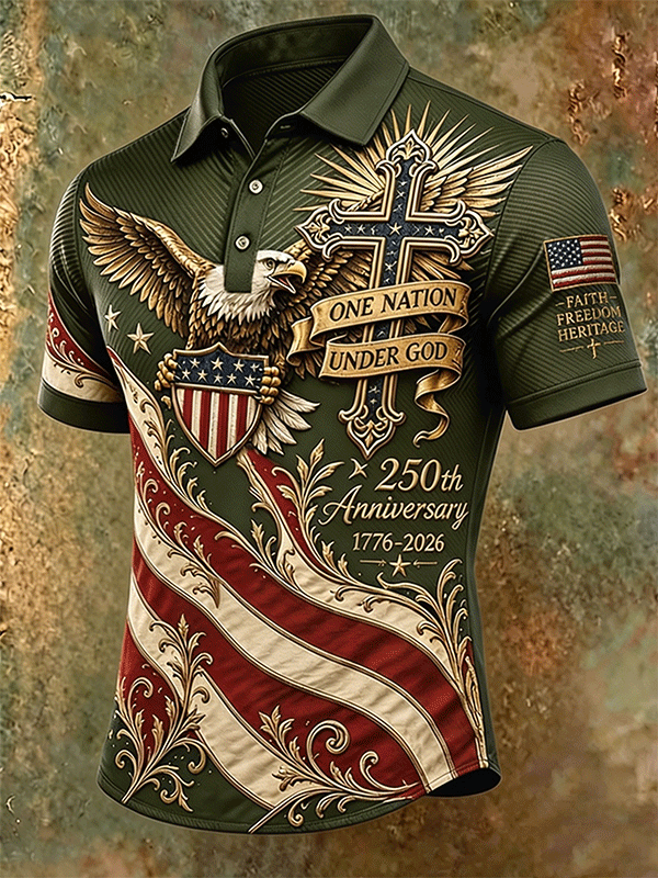 Men's Vintage Patriotic Eagle Cross USA 250th Anniversary American Flag Polo Shirt