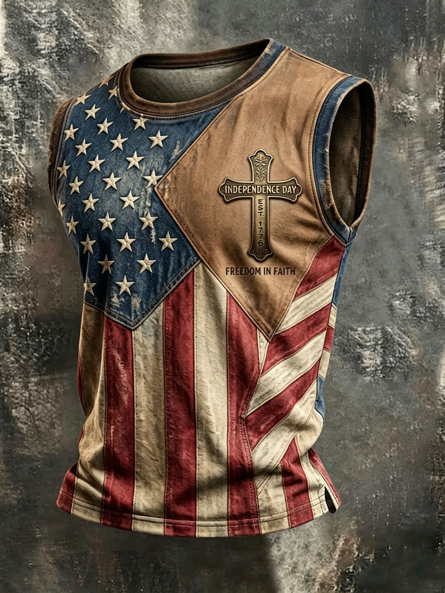 Men'S Retro Independence Day Faith Patriot Crew Neck Tank Top