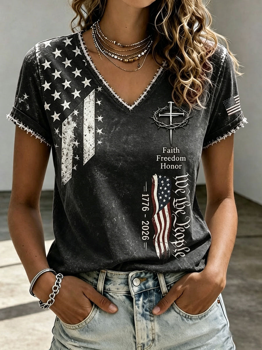 Women's Independence Day Cross Faith V-neck T-shirt