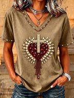 Women's Christian Cross Bead Embroidery Art T-Shirt