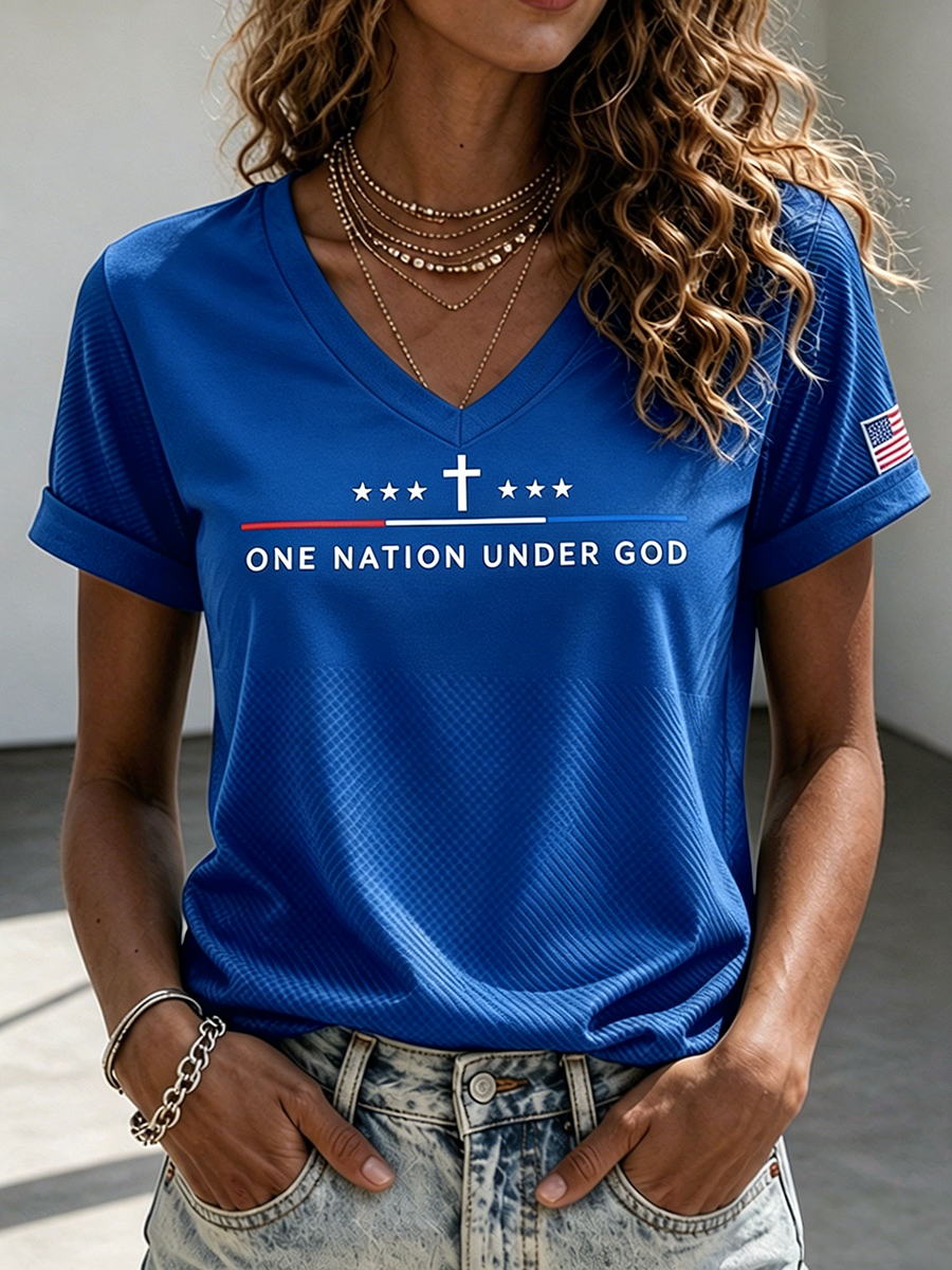 Women's One Nation Under God Cross Star American Flag Patch V-Neck Short Sleeve Casual Tee