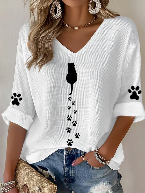 Women's Cute Cat Print Waffle T-shirt