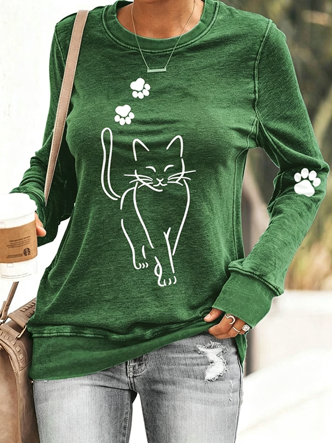 Women'S Fun Simple Drawn Cat Round Neck Long Sleeved Casual Sportswear