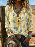 Women's Western Blue Floral Lace-Up Ruffled Blouse
